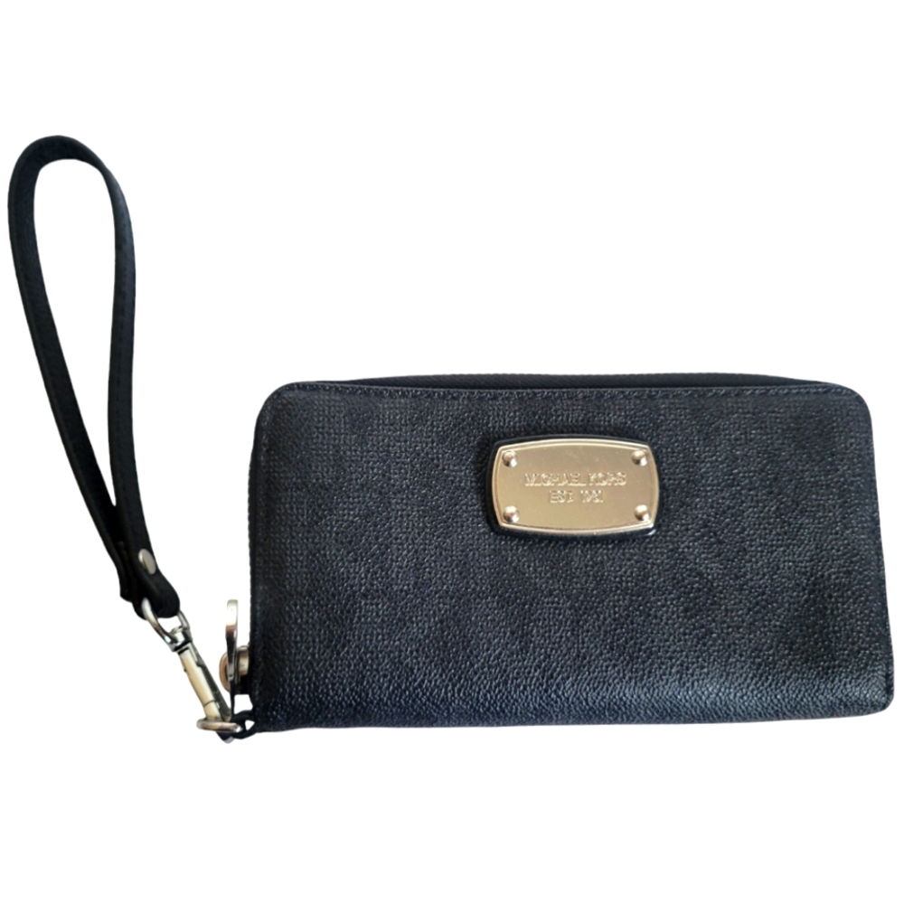Michael Kors Black & Brown Signature Jet Set Monogram Zipper Wallet Silver